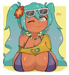 1girl bikini blue_eyes blue_hair brazilian_miku breasts breasts_apart breasts_out closed_mouth dark-skinned_female dark_skin female_focus hatsune_miku heart jua large_breasts long_hair nose one_eye_closed shirt smile solo sweat swimsuit t-shirt vocaloid wet yellow_background
