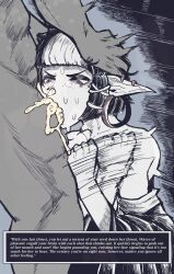 1girl breasts cum cum_in_mouth cum_in_nose cum_overflow deepthroat earrings elf english_text eyeliner fellatio gameplay_mechanics gekikara_(tomboy-sama) hands_on_another&#039;s_head head_grab highres hoop_earrings irrumatio jewelry large_breasts makeup multicolored_hair oral original penis piercing pointy_ears short_hair two-tone_hair