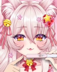 1girl :3 animal_ears blush collar dress embarrassed flower fox_ears fox_girl fox_tail hair_ornament kitsu_(vtuber) kudalive long_hair looking_at_viewer multiple_tails orange_eyes pink_dress pink_hair pink_ribbon pink_stockings red_ribbon ribbon smile star_(symbol) star_hair_ornament tail very_long_hair