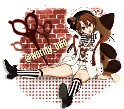 1boy absurdres artist_name bow earrings freckles hair_between_eyes hat heart highres jewelry looking_at_viewer male_focus original ouji_fashion scissors shirt solo tongue tongue_out wormy_owo