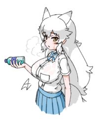 1girl acesrulez animal_ears arctic_fox_(kemono_friends) blue_bow blue_bowtie blush bottle bow bowtie breasts extra_ears fox_ears fox_girl fox_tail hair_between_eyes hot kemono_friends kemono_friends_3 large_breasts long_hair looking_at_viewer school_uniform skirt solo sweat tail water_bottle wet wet_clothes white_hair yellow_eyes