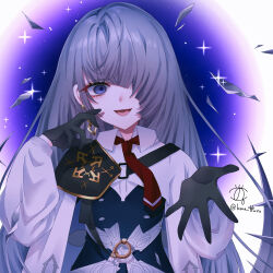 1girl arcaea black_gloves bow collared_shirt earrings empty_eyes gloves hair_between_eyes highres insight_(arcaea) jewelry long_sleeves necktie pantyhose portrait purple_eyes red_necktie shirt single_shoulder_pad smile solo user_hwfc7235 white_hair white_shirt yellow_bow