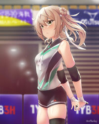 Rule 34 | 1girl, alternate costume, arthur ko, bike shorts, black shorts, black thighhighs, blurry, blurry background, blush, brown eyes, closed mouth, clothes writing, cowboy shot, double bun, hair bun, highres, kantai collection, light brown hair, michishio (kancolle), short hair, shorts, single thighhigh, solo, sportswear, thighhighs, two side up, volleyball uniform