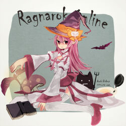 1girl alternate_color arch_bishop_(ragnarok_online) book bow breasts character_name cleavage_cutout closed_mouth clothing_cutout commentary_request copyright_name creature cross dated deviruchi drainliar dress fried_egg frying_pan full_body hat hat_bow high_heels juliet_sleeves leaf long_hair long_sleeves looking_at_viewer magnolia medium_breasts mushroom orange_bow pink_hair pointy_ears puffy_sleeves purple_hat ragnarok_online red_eyes red_shoes shibataya shoes sitting smile solo thighhighs wariza white_dress white_thighhighs