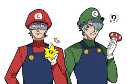 Rule 34 | 2boys, ?, blonde hair, blue hair, blue overalls, challia bull, char aznable, char aznable (cosplay), commentary request, cosplay, facial hair, gloves, green sweater, gundam, gundam gquuuuuux, highres, holding, holding mushroom, holding star, looking at another, looking at viewer, luigi, luigi (cosplay), male focus, mario, mario (cosplay), mario (series), mobile suit gundam, multiple boys, mushroom, mustache, nintendo, overalls, red sweater, sabi1234, short hair, simple background, smile, speech bubble, spoken question mark, star (symbol), super mushroom, super star (mario), sweater, upper body, white background, white gloves