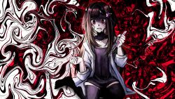 1girl arms_up bandage_on_face bandages black_nails black_shirt black_thighhighs bleeding blood bloody_weapon boxcutter brown_hair drooling flustered ghost_hair_ornament highres holding holding_boxcutter holding_weapon implied_self-harm injury looking_at_hand love_angel_syndrome non-web_source on_floor oversized_clothes partially_shaded_face pill_hair_ornament red_eyes seiza shirt short_twintails sidelocks sitting solo swirling thighhighs too_many_eyes twintails upper_body weapon wide-eyed wrist_cutting yuuna_(love_angel_syndrome)