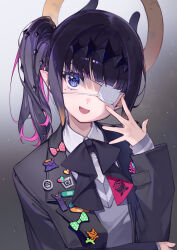 Rule 34 | 1girl, amana (pocketkey), black coat, cardigan, coat, collared shirt, commentary request, eyepatch, fang, gradient background, grey background, grey cardigan, hair ornament, halo, hand up, high side ponytail, highres, hololive, hololive english, looking at viewer, medical eyepatch, mole, mole under eye, multicolored hair, neck ribbon, ninomae ina&#039;nis, ninomae ina&#039;nis (school uniform), official alternate costume, official alternate hairstyle, one eye covered, open mouth, pin, pink streaks, purple eyes, purple hair, ribbon, school uniform, shirt, solo, streaked hair, takodachi (ninomae ina&#039;nis), tentacle hair, upper body, v-neck, virtual youtuber, yellow halo
