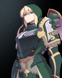 1girl absurdres adeptus_astartes armor arms_at_sides artoria_pendragon_(fate) artoria_pendragon_(lancer)_(fate) belt black_background blonde_hair breastplate commentary cosplay cowboy_shot cross dark_angels english_commentary fate/grand_order fate_(series) fur_trim gauntlets gradient_background green_background green_eyes green_hood hair_between_eyes highres hood hood_up hyperbudd light_particles lion_el&#039;jonson lion_el&#039;jonson_(cosplay) lion_king_(lancer)_(fate) looking_at_viewer medium_hair pauldrons power_armor shoulder_armor sidelocks solo variant_set warhammer_40k
