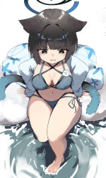 1girl animal_ears barefoot bikini black_eyes black_hair blue_archive blue_bikini breasts cat_ears cat_girl cat_tail cleavage commentary from_above highres kikyou_(blue_archive) kikyou_(swimsuit)_(blue_archive) medium_breasts morishin546 solo swimsuit tail thighs toes water white_background