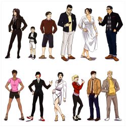5girls 6+boys alternate_costume amazon_warrior ankle_strap bandages batman_(series) batwoman belt black_footwear black_hair blonde_hair blue_beetle blue_eyes bob_cut booster_gold boots bracelet brothers bruce_wayne candy cardigan catwoman clark_kent converse crossed_arms damian_wayne dark_skin dc_comics denim diana_prince donut dress earrings father_and_son fedora food formal_clothes full_body glasses hands_on_own_hips harley_quinn hat high_heels highres hood hoodie huntress_(dc) jacket jeans jewelry kal-el kate_kane kryptonian leggings lineup loafers lollipop mari_jiwe_mccabe multiple_boys multiple_girls necktie pants phone pink_shirt pinstripe_pattern pixie_cut red_hair red_sweater saddle_shoes sandals scarf selina_kyle shirt shoes short_hair shorts siblings skirt smile standing striped suit sunglasses superman_(series) sweater ted_kord tim_drake twintails vambraces vans vixen_(dc) watch white_dress white_footwear wonder_woman_(series) wristwatch yellow_eyes yellow_shirt
