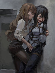 Rule 34 | 2girls, against wall, arms behind back, ball gag, bdsm, black hair, black pantyhose, blue shirt, bondage, bound, bound arms, bound legs, brown eyes, brown hair, collared shirt, denim, drooling, femdom, gag, gag harness, gagged, grabbing another&#039;s breast, grey eyes, groping, highres, jeans, long hair, looking at another, looking to the side, multiple girls, niu yeye, original, pants, pantyhose, pencil skirt, restrained, shibari, shibari over clothes, shirt, skirt, standing, very long hair, white shirt