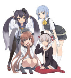 4girls absurdres alternate_hair_length alternate_hairstyle amatsukaze_(kancolle) amatsukaze_kai_ni_(kancolle) anchor_symbol ascot black_dress black_hair black_sailor_collar black_skirt black_vest blue_eyes blue_hair blue_sailor_collar blunt_bangs blush brown_eyes brown_footwear brown_hair bunching_hair cherry_blossoms collarbone dress flower full_body garter_straps gloves gradient_hair grey_ascot grey_hair grey_neckerchief grey_necktie hair_flower hair_ornament hair_tubes hairband hat hatsukaze_(kancolle) headgear highres kantai_collection leaning_forward loafers long_hair long_shirt long_sleeves looking_at_viewer mini_hat miniskirt multicolored_hair multiple_girls neckerchief necktie open_mouth panties pantyhose pleated_skirt red_thighhighs rudder_footwear sailor_collar sailor_dress school_uniform seamed_legwear shirt shoes short_hair side-seamed_legwear side-tie_panties simple_background single_glove sitting skirt smile smokestack_hair_ornament socks speaking_tube_headset squatting thighhighs tied_dress tokitsukaze_(kancolle) twintails two_side_up underwear vest wariza white_background white_dress white_gloves white_panties white_sailor_collar white_shirt white_socks yellow_neckerchief yuki_4040 yukikaze_(kancolle) yukikaze_kai_ni_(kancolle)