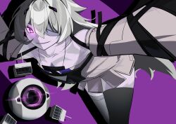 1girl bandage_over_one_eye bare_shoulders colored_skin detached_sleeves dress drone evil_smile flat_chest glowing glowing_eye grey_dress grey_hair grey_skin grey_sleeves grey_thighhighs hair_between_eyes hair_ornament hairclip highres long_hair long_sleeves mafrn3_(g03s) no._21:_xxi_(pgr) no._21_(pgr) parted_lips punishing:_gray_raven purple_background short_dress sidelocks smile thighhighs