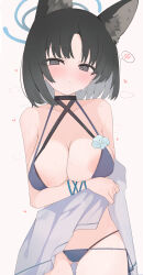 1girl absurdres animal_ears areola_slip arm_under_breasts bikini black_choker black_hair blue_archive blue_bikini blush breasts bright_pupils cat_ears choker collarbone commentary_request gluteal_fold gu_meng_yin halo heart highres kikyou_(blue_archive) kikyou_(swimsuit)_(blue_archive) large_breasts looking_at_another looking_at_viewer no_tail official_alternate_costume short_hair side-tie_bikini_bottom simple_background solo spoken_blush string_bikini sweat swimsuit white_background white_pupils