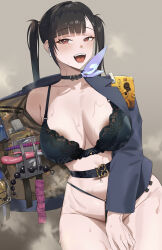 Rule 34 | absurdres, black bra, black choker, black panties, bra, breasts, brown hair, choker, condom, condom box, condom packet strip, condom wrapper, dark areolae, goddess of victory: nikke, highres, jacket, lace, lace-trimmed bra, lace trim, large breasts, open clothes, open jacket, opened by self, panties, pumi puru, red eyes, sex toy, sora (nikke), steaming body, underwear