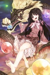 1girl bad_feet bad_id bad_pixiv_id bare_legs barefoot bow brown_eyes brown_hair dragon eastern_dragon egasumi embellished_costume fangs feet female_focus flat_chest floral_print gem geppewi glowing highres horns houraisan_kaguya long_hair night open_mouth petticoat pillow riding shirt sitting skirt sky smile soles solo toe_scrunch toenails toes touhou wide_sleeves