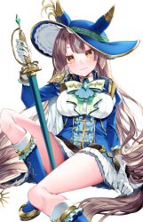 Rule 34 | 1girl, animal ears, ass, blue boots, blue hat, blue jacket, boots, breasts, brown hair, buttons, closed mouth, commentary request, double-breasted, ear covers, ear ornament, epaulettes, gloves, hair between eyes, hat, highres, holding, holding sword, holding weapon, horse ears, horse girl, horse tail, jacket, large breasts, long hair, long sleeves, looking at viewer, metaninjin, official alternate costume, official alternate hairstyle, satono diamond (chevalier bleu) (umamusume), satono diamond (umamusume), simple background, sitting, skirt, smile, solo, sword, tail, thighs, umamusume, weapon, white background, white gloves, white skirt, wide brim, yellow eyes, yokozuwari