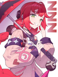 1girl absurdres black_choker black_sailor_collar bow breasts cardigan choker green_eyes highres hijuk long_hair looking_at_viewer pink_cardigan red_hair sailor_collar skirt smile solo sphere_hair_ornament thigh_strap ukinami_yuzuha white_bow zenless_zone_zero