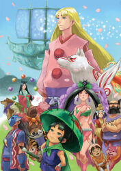 amaterasu_(ookami) beard black_hair blonde_hair blue_eyes boat character_request commentary_request crossed_arms dog eyepatch facial_hair issun iwaya japanese_clothes kimono kushinada_(ookami) mask multiple_boys multiple_girls navel obi okikurumi_(ookami) one_eye_closed ookami_(game) open_mouth petals princess_fuse sakuya_(ookami) sash tongue tongue_out ushiwakamaru_(ookami) watercraft wolf