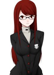 1girl absurdres black-framed_eyewear black_jacket buttons commentary_request glasses highres jacket long_hair long_sleeves looking_at_viewer persona persona_5 persona_5_the_royal plaid_clothes plaid_skirt red_eyes red_hair school_uniform shirt shuujin_academy_school_uniform simple_background skirt solo white_background white_shirt yoshizawa_sumire zerachin8