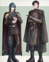 2boys alternate_costume armor armored_gloves black_armor black_boots black_cape black_hair black_pants black_shirt boots cape commentary_request cosplay costume_switch dagger fire_emblem fire_emblem:_three_houses full_body gloves highres hubert_von_vestra hubert_von_vestra_(cosplay) hubert_von_vestra_(timeskip) knee_boots knife looking_at_another male_byleth_(fire_emblem) male_focus multiple_boys nintendo pants pointing pointing_at_another shirt short_hair standing tohka_sd weapon white_gloves