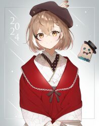 Rule 34 | 1girl, 2024, absurdres, beret, bow, bowtie, braid, braided bangs, brown eyes, brown hair, earrings, feathers, floral print, floral print kimono, friend (nanashi mumei), gloves, hat, highres, hololive, hololive english, japanese clothes, jewelry, kimono, lace, lace gloves, looking at viewer, multicolored hair, nanashi mumei, nanashi mumei (new year), official alternate costume, ogye 01, print kimono, red shawl, ribbon, shawl, short hair, simple background, single earring, smile, streaked hair, top hat, virtual youtuber, white kimono