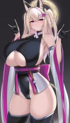 1girl absurdres ahoge animal_ears black_gloves black_leotard black_thighhighs blonde_hair breasts closed_mouth clothing_cutout covered_navel cowboy_shot detached_sleeves fox_ears fox_girl fox_tail gloves gradient_background grey_background hair_between_eyes half_gloves halo highres huge_breasts kutan leotard original pink_eyes pinwheel_hair_ornament sideboob smile solo tail thighhighs two_side_up underboob underboob_cutout very_long_sleeves