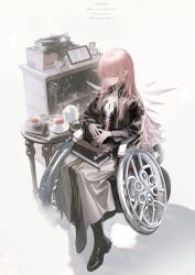 1girl absurdres arknights black_jacket black_shoes book closed_eyes cup detached_wings energy_wings full_body halo highres jacket lemuen_(arknights) long_hair own_hands_together pink_hair saucer shoes sitting solo teacup teapot wheelchair white_halo wings witzlyan
