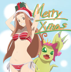 Rule 34 | absurdres, bikini, brown eyes, brown hair, christmas, digimon, digimon (creature), digimon adventure tri., flower, highres, long hair, palmon, petals, sharp teeth, swimsuit, tachikawa mimi, tail, teeth