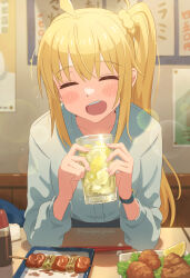 absurdres ahoge blonde_hair blue_shirt blush bocchi_the_rock! chicken_(food) chopsticks closed_eyes collarbone cup food fried_chicken fruit hair_between_eyes hanagamigendai highres holding holding_cup ice ice_cube ijichi_nijika lemon lemon_slice lettuce long_hair long_sleeves office_lady open_mouth plate shirt side_ponytail sidelocks sitting skewer smile soy_sauce teeth upper_teeth_only very_long_hair watch wristwatch