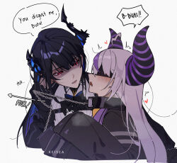 Rule 34 | 2girls, age difference, ahoge, asymmetrical horns, black bow, black bowtie, black gloves, black hair, black vest, blindfold, blue hair, blush, bow, bowtie, braid, braided bangs, chain, chain leash, clothing cutout, coat, collar, collared shirt, colored inner hair, commentary, cuffs, demon girl, demon horns, dress shirt, drooling, english commentary, english text, feather-trimmed sleeves, flower, gloves, glowing, glowing eyes, grey hair, highres, hololive, hololive english, horn flower, horns, keisea, la+ darknesss, la+ darknesss (1st costume), leash, leash pull, long hair, long sleeves, looking at another, masochism, metal collar, mole, mole under eye, mouth drool, multicolored hair, multiple girls, nerissa ravencroft, nerissa ravencroft (1st costume), onee-loli, open mouth, pointy ears, purple coat, purple hair, red eyes, ribbed shirt, shaded face, shirt, shoulder cutout, sidelocks, simple background, sleeves past fingers, sleeves past wrists, slit pupils, speech bubble, streaked hair, striped horns, uneven horns, upper body, very long hair, vest, virtual youtuber, white background, white shirt, yuri