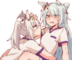 2girls alonemistrist animal_ears between_legs blue_hair blush commentary ear_blush fujimasa_march_(umamusume) gym_uniform hand_on_another&#039;s_head horse_ears hug long_hair multiple_girls oguri_cap_(umamusume) open_mouth orange_eyes shirt short_sleeves simple_background sweat symbol-only_commentary umamusume umamusume:_cinderella_gray white_background white_hair white_shirt yuri