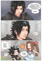 1boy 1girl aerith_gainsborough armor black_hair black_sweater blue_eyes blush braid braided_ponytail brown_hair commentary crisis_core_final_fantasy_vii crylin6 dress dripping emphasis_lines english_commentary english_text feet_out_of_frame final_fantasy final_fantasy_vii flower hair_ribbon highres holding holding_watering_can indian_style indoors long_hair looking_at_another parted_bangs pink_ribbon ponytail ribbed_sweater ribbon sad shoulder_armor sitting sleeveless sleeveless_dress sleeveless_turtleneck speech_bubble spiked_hair standing suspenders sweater turtleneck turtleneck_sweater upper_body water watering_can yellow_flower zack_fair