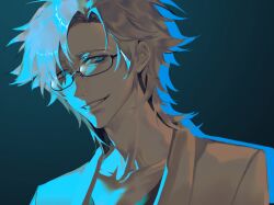Rule 34 | 1boy, aqua background, black-framed eyewear, black shirt, blue eyes, chinese commentary, collarbone, colored skin, commentary request, fang, glasses, gracelyne, grey hair, grin, highres, jacket, kanou aogu, male focus, open clothes, open jacket, portrait, saibou shinkyoku, semi-rimless eyewear, shirt, short hair, smile, solo, white jacket, white skin