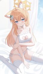 1girl alternate_costume animal_ear_fluff animal_ears bare_shoulders bed_sheet bell blue_archive blue_eyes blush bra breasts cat_cutout cat_ear_panties cat_ears cat_girl cat_lingerie cleavage cleavage_cutout closed_mouth clothing_cutout collar collarbone commentary flower hair_between_eyes hair_flower hair_ornament halo highres jingle_bell kurumi_lm long_hair looking_at_viewer mari_(blue_archive) medium_breasts meme_attire navel neck_bell orange_hair orange_halo panties side-tie_panties signature sitting solo stomach strap_slip thighhighs twitter_username underwear very_long_hair white_bra white_collar white_flower white_panties white_thighhighs