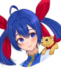 1girl ahoge animal animal_on_shoulder artist_name blue_eyes blue_hair blush closed_mouth commentary_request fatal_fury fatal_fury:_city_of_the_wolves ferret futaba_hotaru hair_between_eyes highres itokatsu_(garou) long_hair looking_to_the_side red_ribbon ribbon simple_background smile twintails velantart white_background