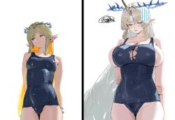 2girls alternate_costume arms_behind_back bare_shoulders blonde_hair blue_eyes blue_one-piece_swimsuit breast_conscious breasts cartethyia_(wuthering_waves) colored_inner_hair commentary crown_of_thorns dual_persona ear_wiggle earrings fleurdelys_(wuthering_waves) highres hintobento horns jewelry large_breasts long_hair multicolored_hair multiple_earrings multiple_girls one-piece_swimsuit paid_reward_available pointy_ears school_swimsuit single_horn small_breasts swimsuit tacet_mark_(wuthering_waves) torn_clothes torn_swimsuit very_long_hair wuthering_waves yellow_horns