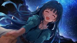 Rule 34 | 1girl, :d, alternate hairstyle, anime coloring, belt, blue hair, blue shirt, blunt bangs, brown eyes, closed eyes, collarbone, dress, game cg, glint, holding hands, idolmaster, idolmaster million live!, idolmaster million live! theater days, jewelry, juliet sleeves, kitakami reika, long hair, long sleeves, mountainous horizon, necklace, night, night sky, official art, open mouth, outstretched arms, pov, private dress (idolmaster million live!), puffy sleeves, shirt, sky, smile, sparkle, star (sky), starry sky, straight hair, third-party source, upper body, watch, white dress