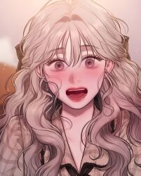 Rule 34 | 1girl, artist request, blush, flower, grey eyes, grey hair, grey shirt, korean webtoon style, lily (lily of the valley), lily of the valley, long hair, looking at viewer, open mouth, shirt, surprised, upper body