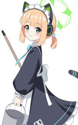 1girl absurdres animal_ear_headphones animal_ears apron aqua_bow aqua_bowtie back_bow black_dress blonde_hair blue_archive blunt_bangs blunt_ends blunt_sidelocks blush bow bowtie broom bucket cat_ear_headphones cat_ears cat_tail chrono061107 collared_dress commentary contrast_collar dress fake_animal_ears fake_tail frilled_dress frills from_side green_halo hair_bow halo headphones highres holding holding_bucket long_sleeves looking_at_viewer maid maid_apron maid_headdress midori_(blue_archive) midori_(maid)_(blue_archive) number_print official_alternate_costume official_alternate_hairstyle ponytail puffy_long_sleeves puffy_sleeves short_hair short_ponytail sidelocks smile solo split_mouth tail turning_head white_apron white_bow white_headdress