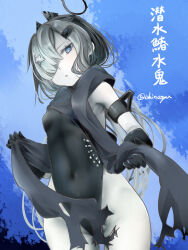 Rule 34 | 1girl, abyssal ship, akino shuu, black gloves, black one-piece swimsuit, black scarf, blue eyes, breasts, covered navel, elbow gloves, gloves, grey hair, groin, hair ornament, hair over one eye, hairclip, headgear, kantai collection, long hair, looking at viewer, one-piece swimsuit, pale skin, parted lips, scarf, small breasts, solo, submarine seerfish water demon, swimsuit, torn clothes, torn scarf, translation request, twitter username, very long hair