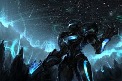 1girl 2018 alien arm_cannon armor blue_background canyon cliff dark_samus from_below hanagemissile helmet highres looking_up metroid metroid_(creature) metroid_prime_3:_corruption monster nintendo phazon power_armor sky solo star_(sky) starry_sky visor weapon