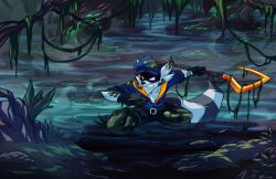 1boy animal_ears black_fur blue_hat blue_shirt clenched_teeth commentary dated english_commentary furry furry_male grey_fur hat highres holding holding_weapon looking_to_the_side male_focus masked mud multicolored_fur raccoon_boy raccoon_ears raccoon_tail samfilstrup shirt signature sly_cooper sly_cooper_(series) tail teeth weapon wetland