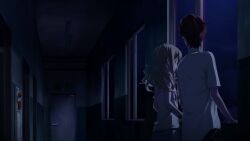 1boy 1girl belt_pouch blonde_hair blue_pants blue_shorts chuo_tanegashima_high_school_uniform collared_shirt dim_lighting door exit_sign from_behind from_side fukuda_tomonori game_cg hair_between_eyes hair_down highres indoors koujiro_frau lace-trimmed_tank_top lace_trim looking_at_another looking_down looking_to_the_side loungewear narrowed_eyes night non-web_source official_art on_windowsill open_mouth pants pouch red_hair robotics;notes sad school_uniform shirt short_sleeves shorts sidelocks tank_top white_shirt white_tank_top windowsill yashio_kaito yellow_eyes