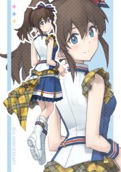 Rule 34 | 1girl, absurdres, anniversary, blue eyes, blue skirt, boots, breasts, brown hair, closed mouth, commentary request, create festival (idolmaster), from behind, highres, idolmaster, idolmaster million live!, idolmaster million live! theater days, long hair, looking at viewer, looking back, pleated skirt, ponytail, satake minako, semi colon, shirt, short hair, skirt, sleeveless, sleeveless shirt, small breasts, smile, socks, white boots, white socks, zoom layer
