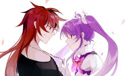 1boy 1girl aisha_landar black_shirt dimension_witch_(elsword) elsword elsword_(character) from_side immortal_(elsword) jewelry long_hair looking_at_another necklace purple_eyes purple_hair red_eyes red_hair shen_yi shirt simple_background smile twintails white_background white_shirt
