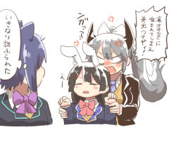 Rule 34 | 3girls, anger vein, animal ears, black hair, black jacket, blazer, blue hair, bow, brown sweater, chibi, collared shirt, cropped torso, floating hair, grey hair, hair bow, hair ornament, hairclip, higuchi kaede, higuchi kaede (1st costume), horns, jacket, jk gumi (nijisanji), kemonomimi mode, long hair, multiple girls, necktie, nijisanji, open clothes, open jacket, pink bow, ponytail, purple bow, purple necktie, rabbit ears, rebecca (keinelove), school uniform, shirt, shizuka rin, shizuka rin (1st costume), simple background, sweater, translation request, tsukino mito, tsukino mito (1st costume), upper body, v-shaped eyebrows, very long hair, virtual youtuber, white background, white bow, white shirt