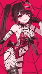 1girl arm_strap black_gloves blush breasts brown_hair cleavage cleavage_cutout clothing_cutout facial_mark finger_to_eye fishnets fox_on_head gloves heart heart_cutout heart_facial_mark highres honkai:_star_rail honkai_(series) leotard long_hair looking_at_viewer medium_breasts midriff navel red_background red_eyes red_leotard sanshoku_dango_(shukosuko) single_thighhigh skindentation smile solo sparkle_(honkai:_star_rail) spider_web_background stomach stomach_cutout thigh_strap thighhighs tongue tongue_out twintails very_long_hair