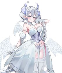 1girl bare_shoulders breasts cleavage cowboy_shot demon_girl demon_horns demon_wings dress duel_monster fuutivtiofon_ri grey_eyes grey_hair highres horns large_breasts lovely_labrynth_of_the_silver_castle low_wings multiple_wings panties pointy_ears see-through_clothes see-through_dress simple_background solo strapless strapless_dress thighhighs underwear white_background white_dress white_panties white_thighhighs white_wings wings yu-gi-oh!