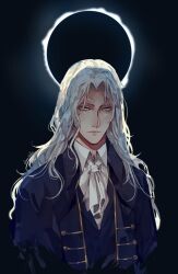 1boy alucard_(castlevania) ascot black_coat blonde_hair castlevania:_nocturne castlevania_(series) coat collared_shirt crimson-chains dark_background dhampir eclipse half-human highres long_hair looking_at_viewer male_focus shirt solo undead vampire vest white_shirt yellow_eyes